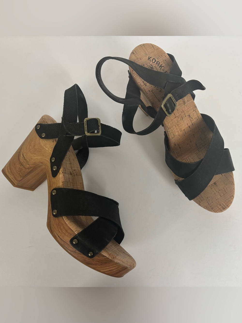 Kork Ease Black Leather Wood Style Platform Studded Clog Sandals